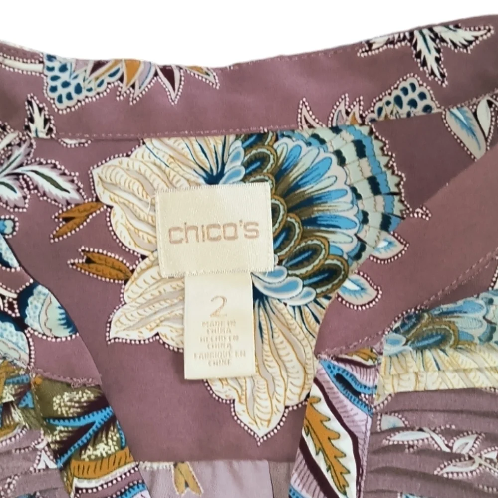 Chico's Floral Long Sleeve Pleated Ruffle Front Button Up Blouse Size 2